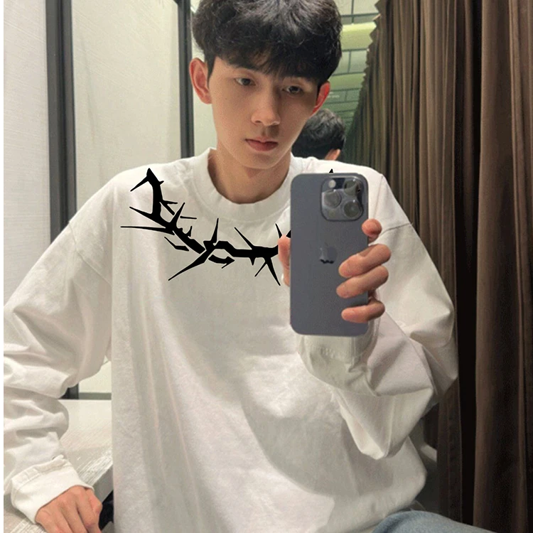 潮牌小领口印花长袖t恤男秋冬宽松百搭痞帅vibe重磅嘻哈打底上衣