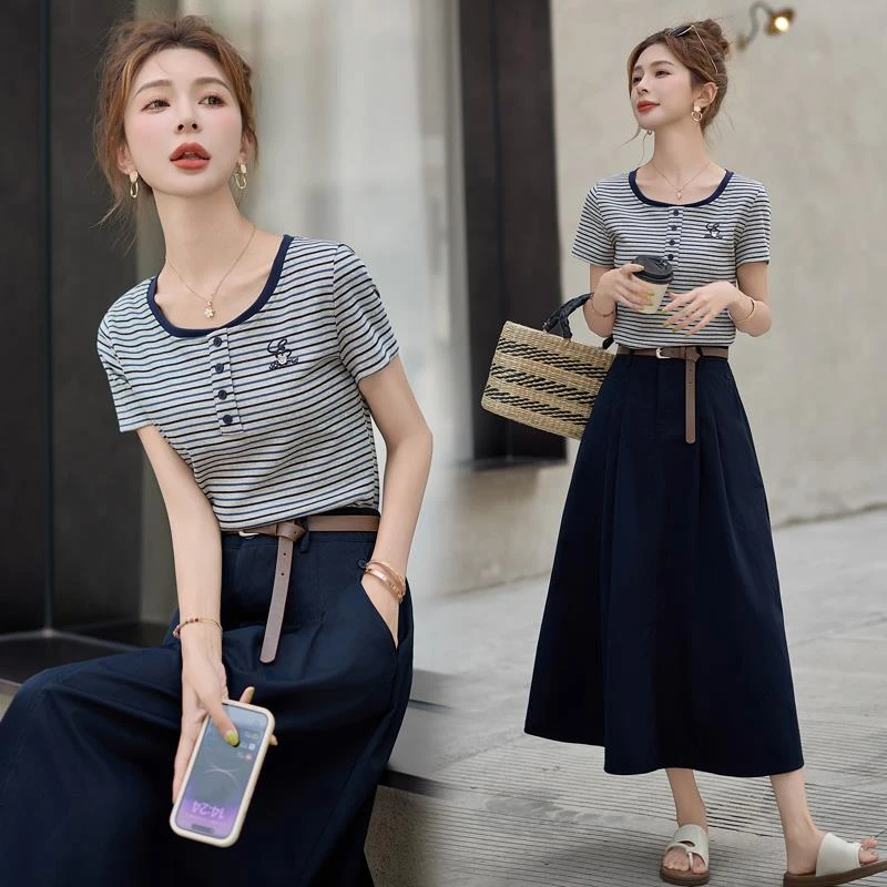 时尚套装女2025夏季夏天衣服新款条纹T恤半身裙子两件套休闲套裙