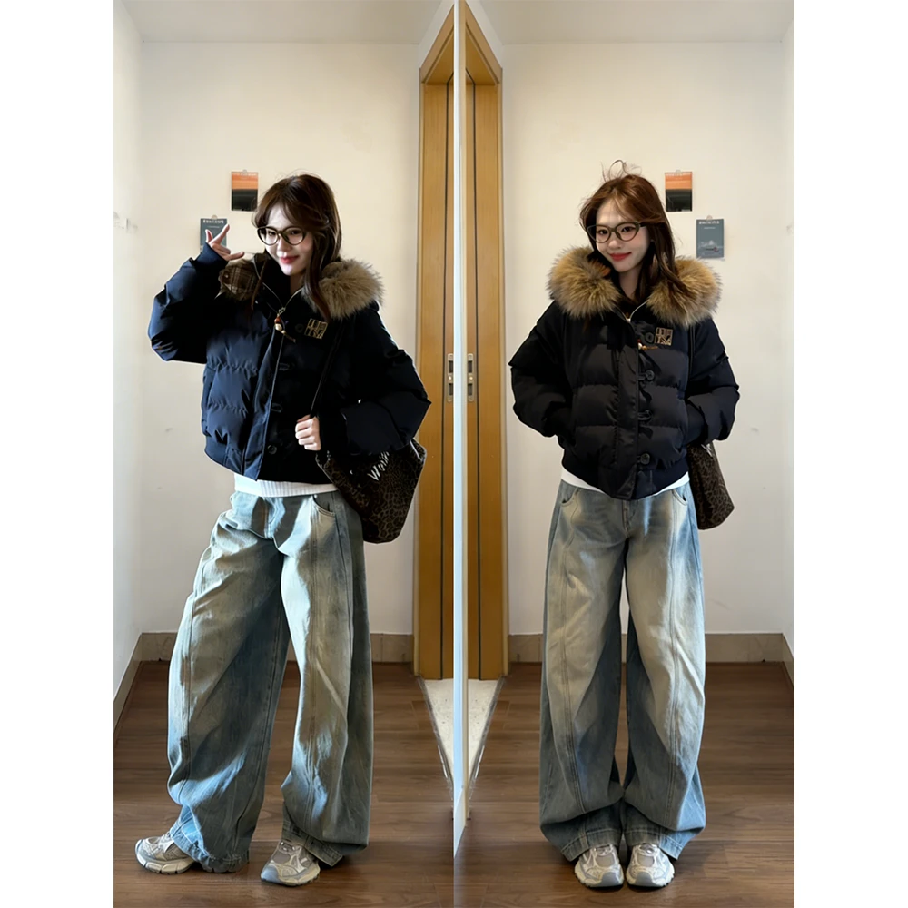 美式复古黑色短款串珠棉服女冬季2025毛领连帽收腰显瘦菲奥娜棉衣