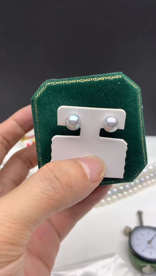 银S925镶嵌ff海水珍珠akoya灰珠耳饰6~7mm