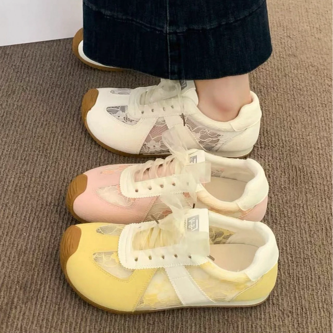 813蕾丝珍珠网面德训鞋女2025新款休闲鞋轻便透气阿甘鞋