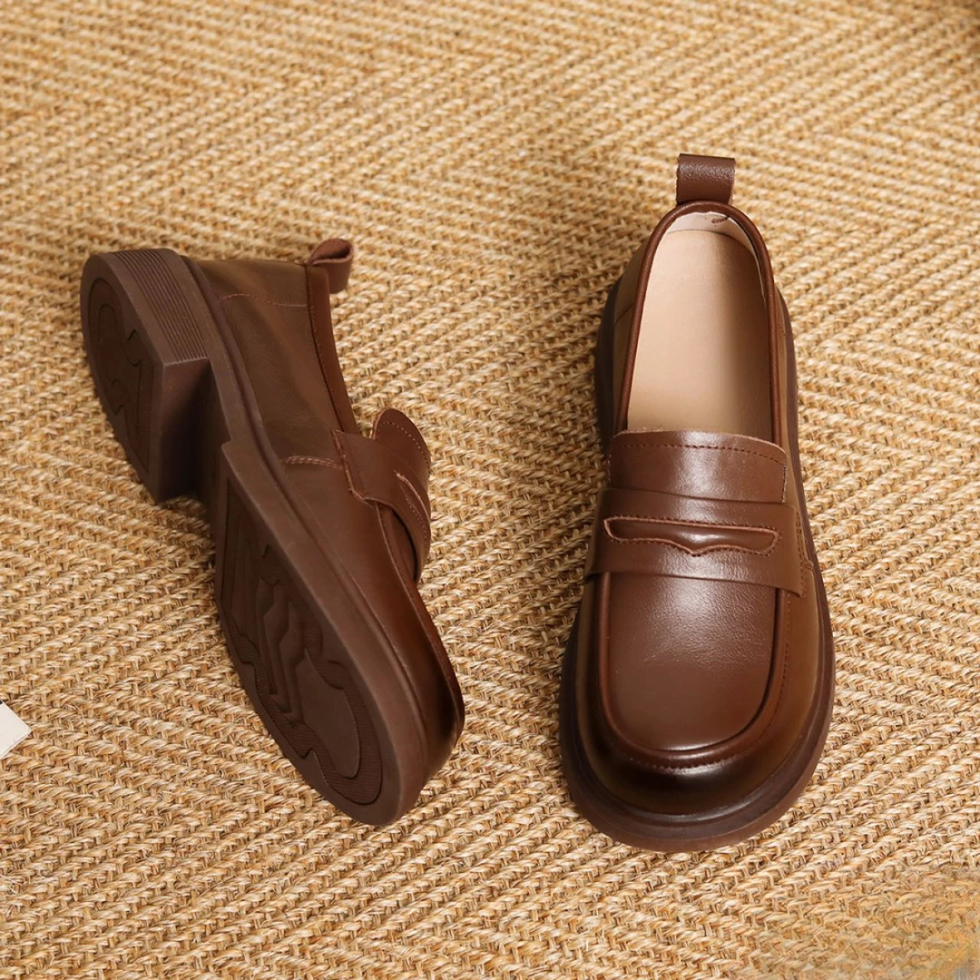 头层牛皮乐福鞋女春秋新款厚底一脚蹬单鞋女