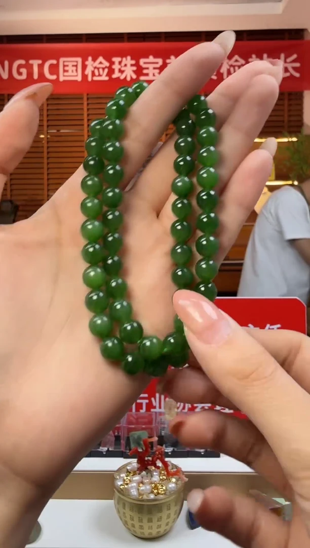 颈饰银S925镶嵌和田玉精品碧玉圆珠项链8mm（色标级）