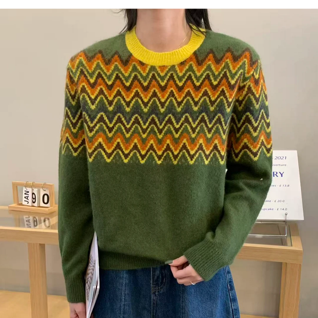 圆领毛针织衫绿色复古条纹针织衫秋冬提花羊毛衫撞色