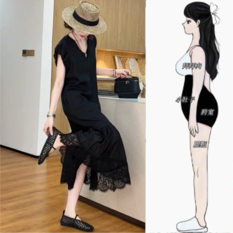 夏季薄款新款后背蝴蝶结设计感静奢慵懒休闲风蕾丝拼接花边连衣裙