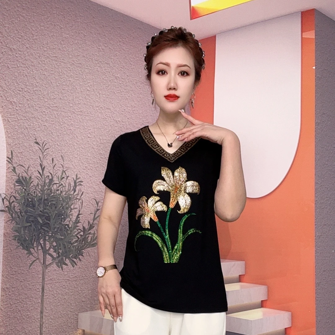 2025夏季新款女装短袖时尚百搭显瘦加大码女士V领小衫DV8339