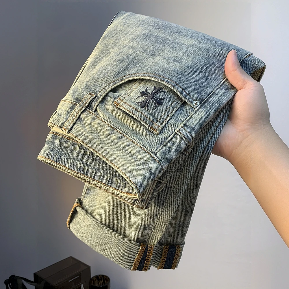 PinkAvril复古牛仔裤男2025年秋季高端刺绣长裤小直脚修身潮流裤