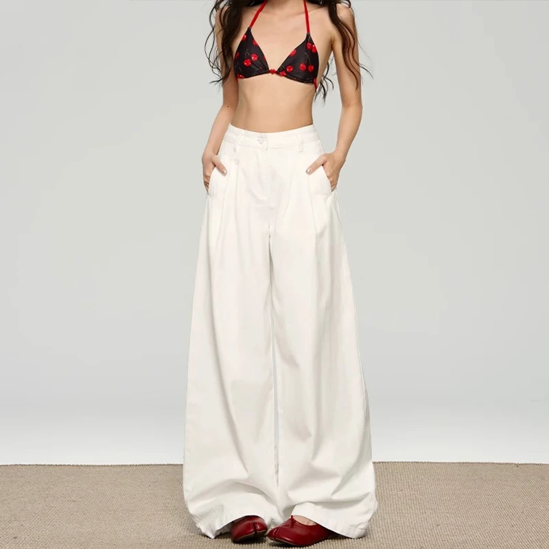 白色阔腿牛仔裤女2025秋冬新款高腰宽松垂感休闲直筒裤拖地裤子