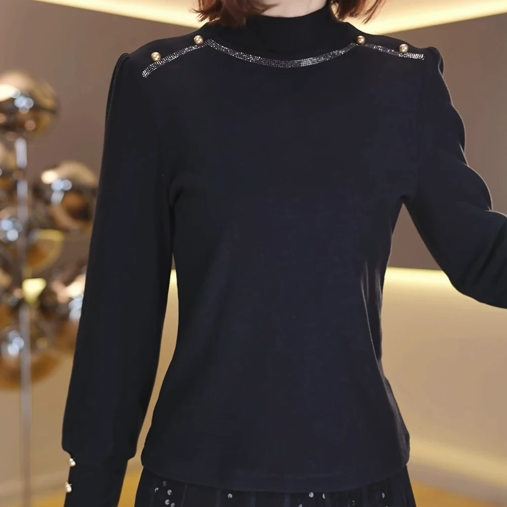 冬季新款加绒保暖打底衫女气质设计感黑色百搭长袖上衣T恤洋气