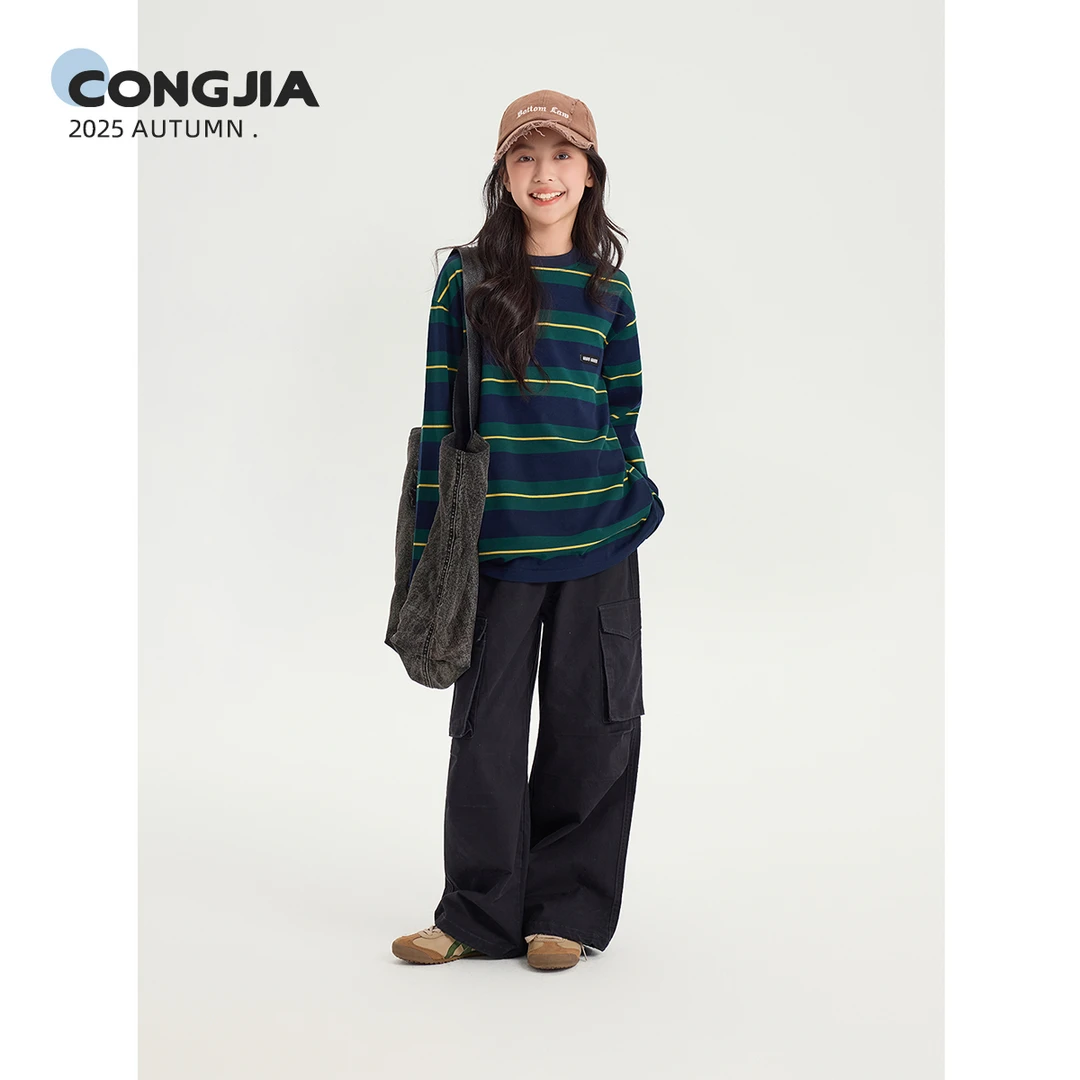 【慵懒调节】聪家女童慵懒感条纹长袖t恤儿童百搭宽松圆领打底衫潮