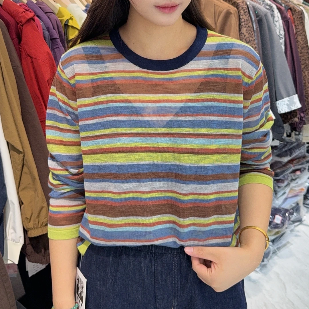 [ W i F i ]早秋新韩系彩色条纹薄款慵懒风针织衫