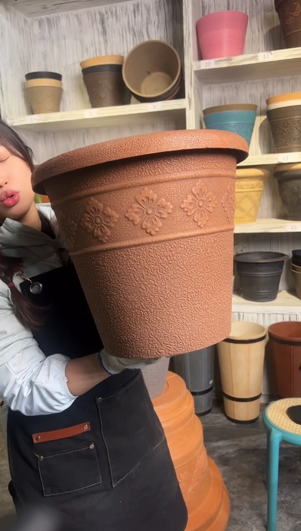 38*33/USA38-B/陶土色手工浮雕纹理大花盆外贸尾单