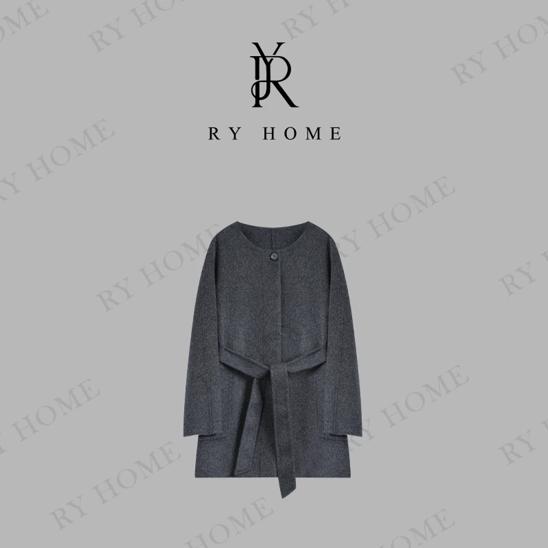 【容雨RYHOME】羊驼毛＋绵羊毛极简风圆领排扣纯色大衣外套243W2147