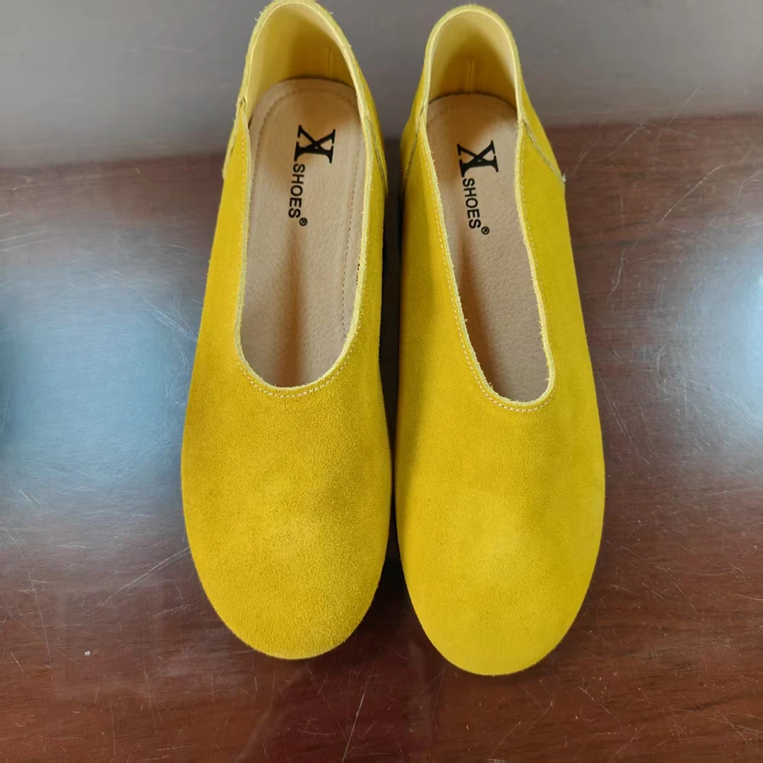 2025一脚蹬高丝光牛反绒女士浅口奶奶单鞋豆豆鞋时尚圆头平底女鞋