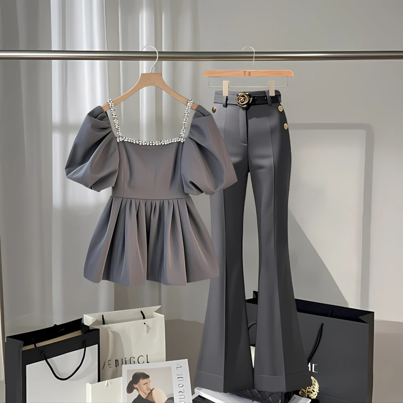 2025夏季新款法式方领重工钉珠收腰衬衫上衣灰色微喇西装裤套装女