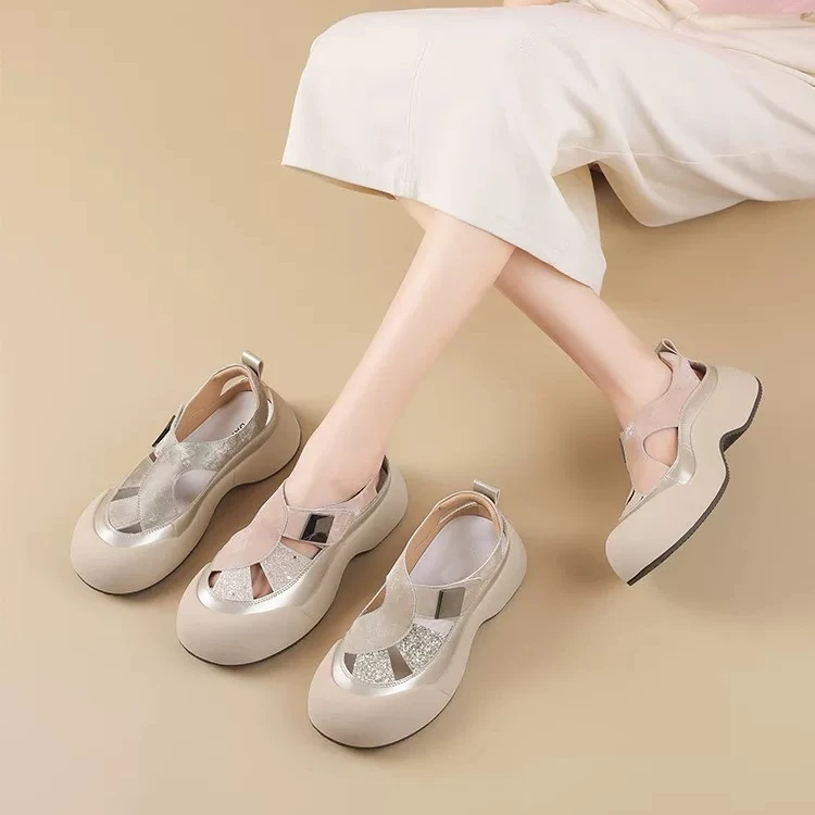 2025夏季新款镂空真皮凉鞋女厚底软底舒适包头百搭复古运动女鞋娜