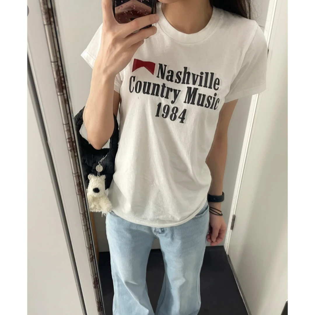 圆领修身T恤女夏季字母设计感印花BM风显瘦百搭白色休闲显瘦短袖