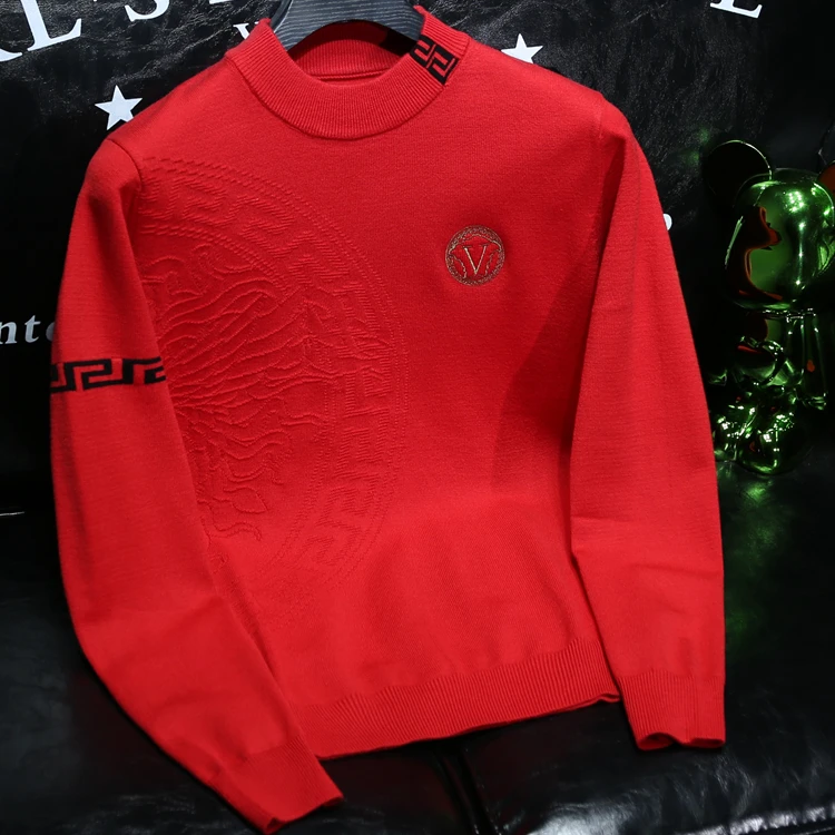 玛加西曼特冬季保暖羊毛衫男士提花红色打底衫半高领长袖针织毛衣