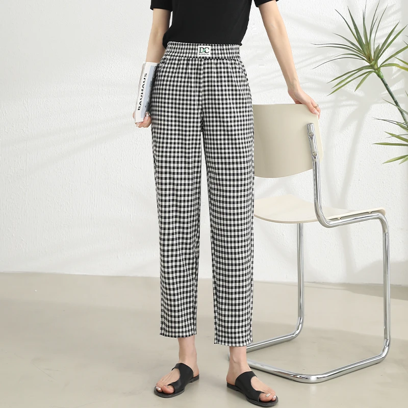 高腰夏季休闲风格子薄款休闲裤九分裤宽松女裤百搭显瘦哈伦直筒裤