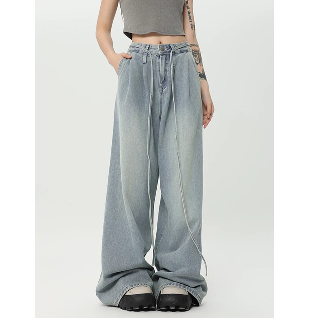 日系休闲复古水洗做旧宽松运动个性潮流松紧腰围磨白阔脚牛仔裤