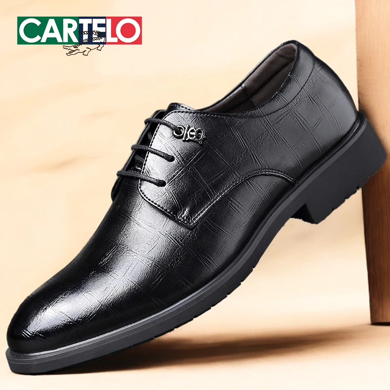 CARTELO/卡帝乐鳄鱼商务男士黑色休闲皮鞋新款系带软底软面男鞋潮
