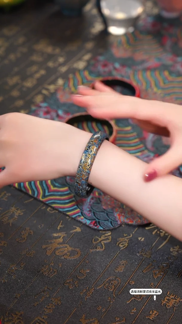 非遗漆器大漆木胎手镯蓝金色