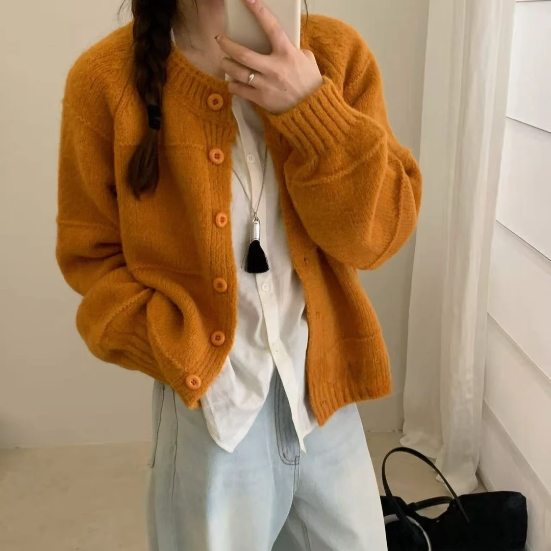 韩系慵懒风粗针毛衣女2025新款秋冬南瓜橘色针织开衫外套宽松上衣