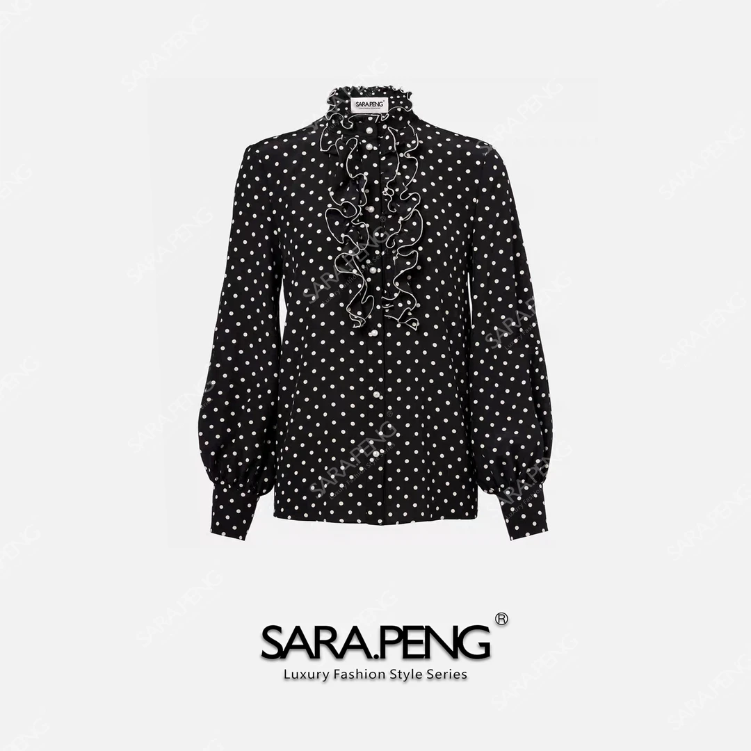 SARA.P经典花影｜法式桑蚕丝波点手工荷叶边晨搭衬衫上衣｜5D168218