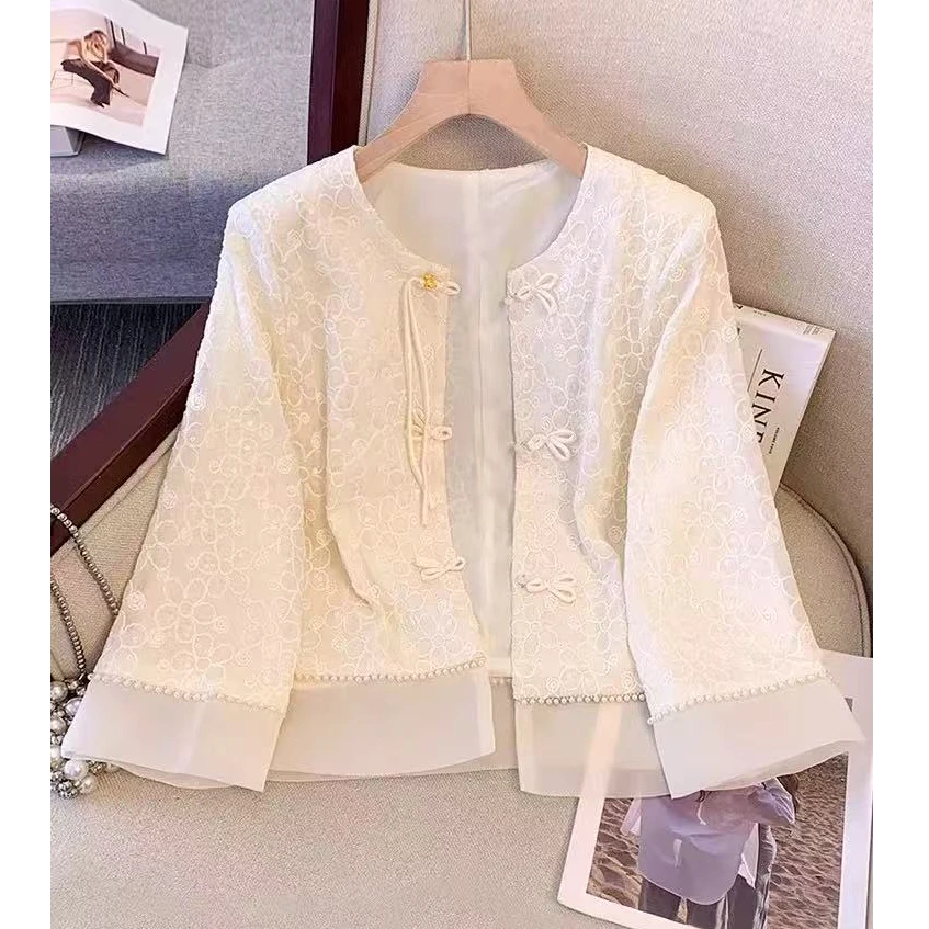 刺绣单排扣中袖薄款提花长袖上衣重工气质法式中式