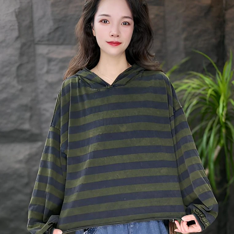 JJ宽条秋季连帽女休闲风条纹不起球卫衣慵懒风高质感长袖宽松T恤