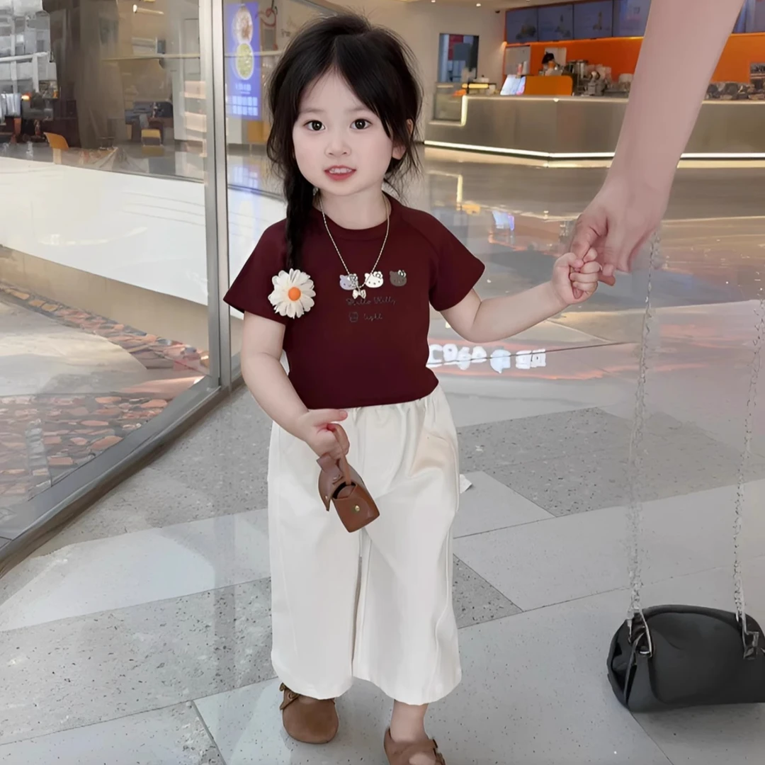 女童套装2025夏装新款韩系酒红色KT猫咪T恤白色直筒分割裤两件套