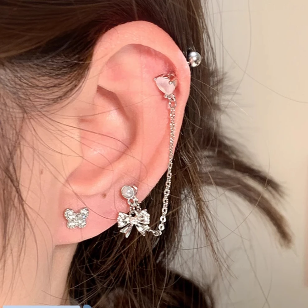 钛钢耳饰 甜酷双耳洞耳钉 小众链条耳环螺丝拧扣耳蜗钉钛钢耳骨钉