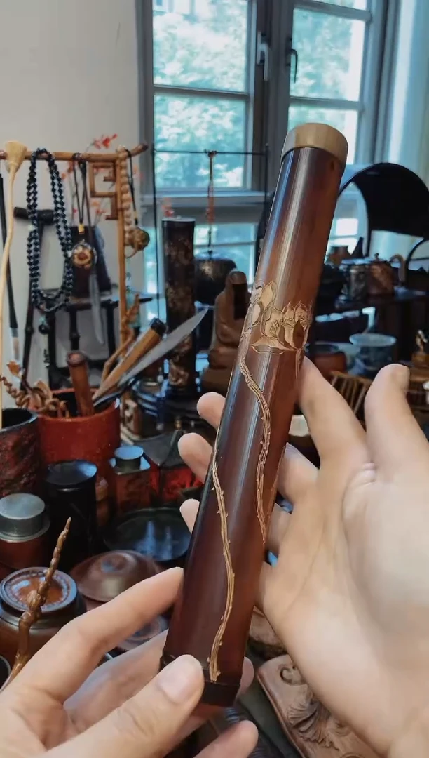 老煤竹雕刻荷花香筒