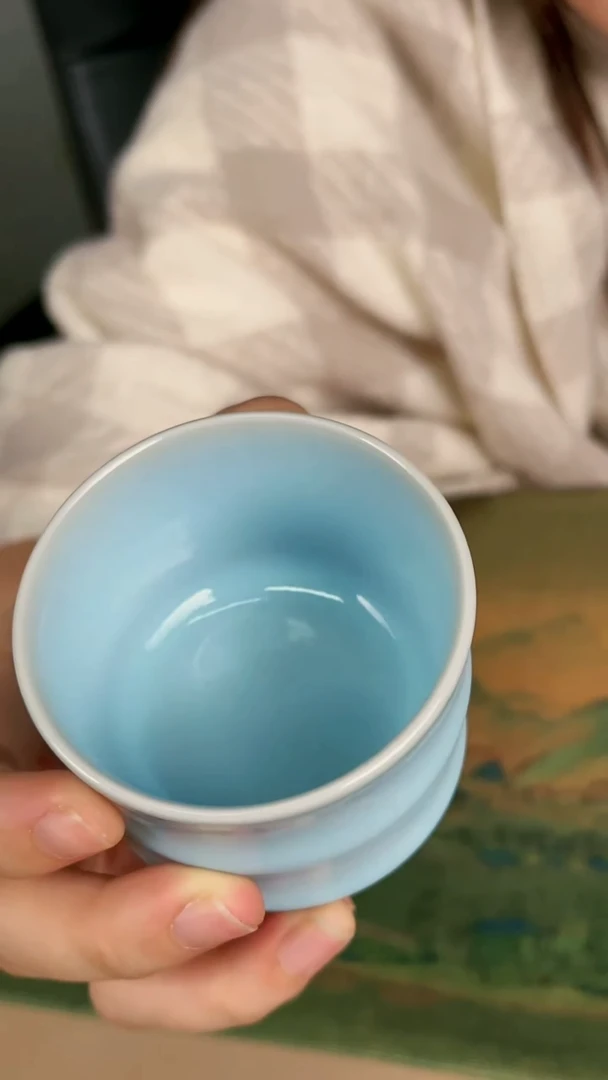 杯子瓷韩红 天青釉 竹节杯