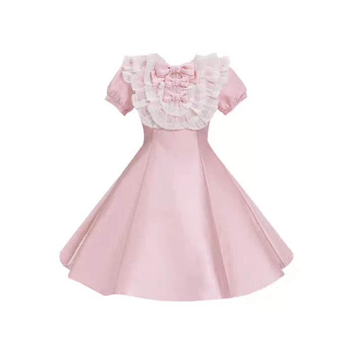 【小美】大码女装法式千金风蝴蝶结蓬蓬连衣裙收腰显瘦短裙12096