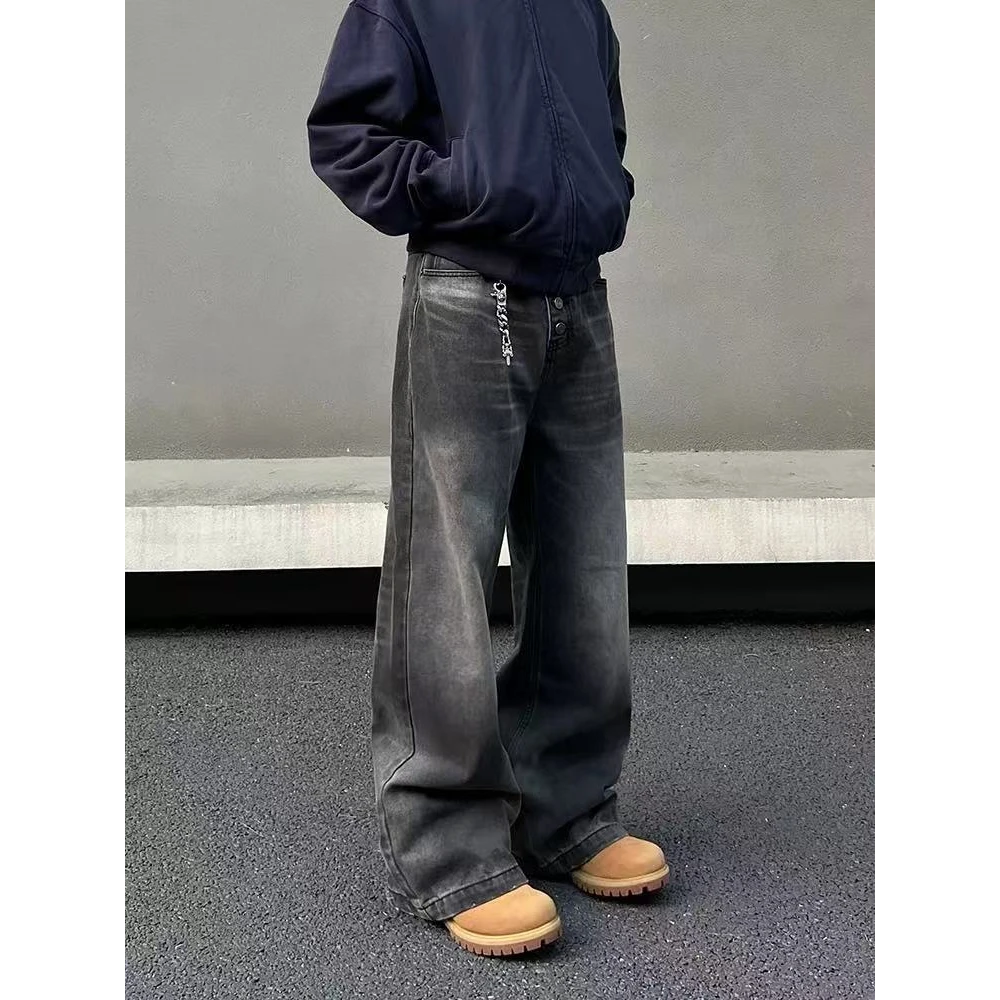 CHAOM美式高街蓝色阔腿牛仔裤男水洗做旧直筒微喇裤子G6400