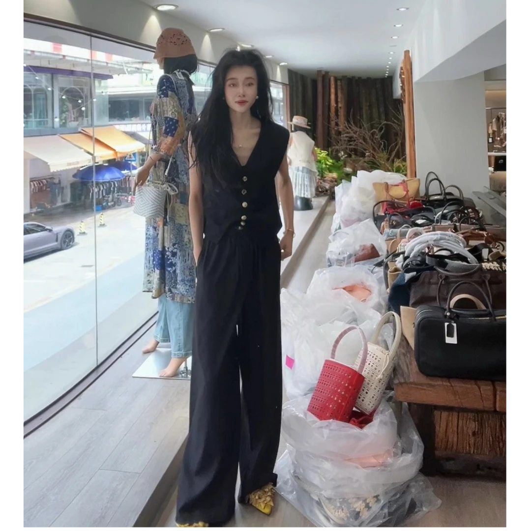 原创设计松紧腰阔腿格子裤子 高腰直筒抽绳垂感休闲裤女