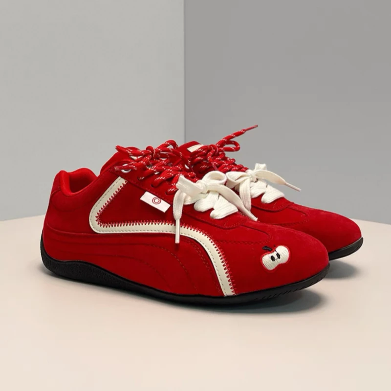 红色德训鞋女2025新款夏季百搭运动休闲鞋复古赛车鞋软底阿甘鞋子
