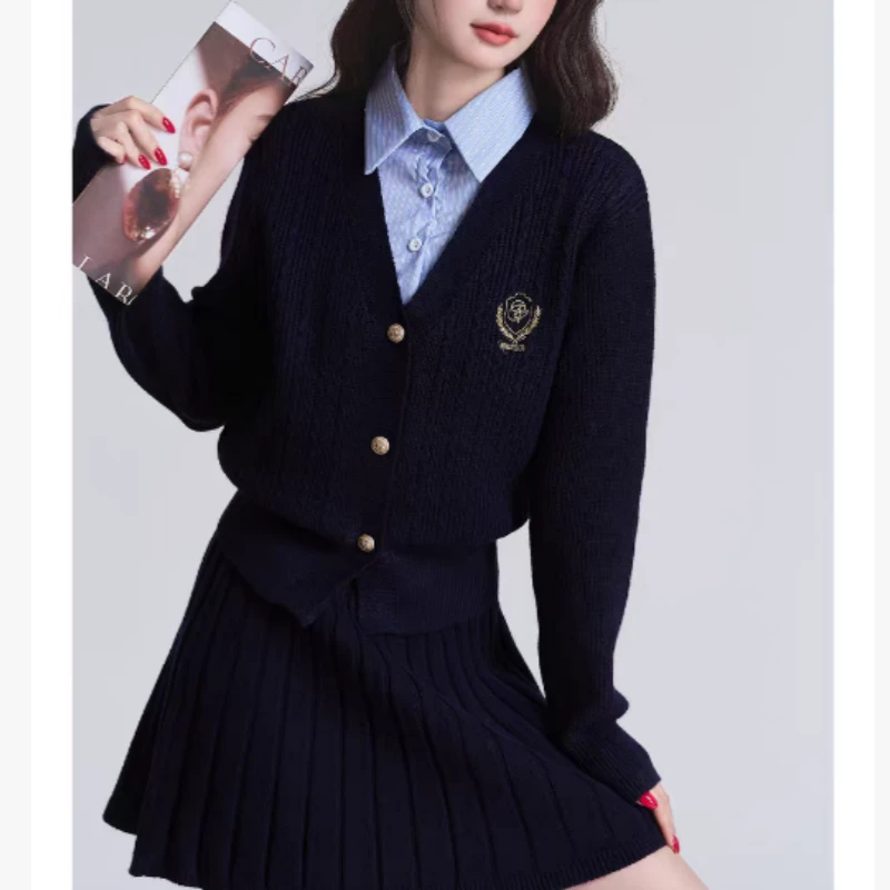 【蓝调菱纹】新款冬季衬衫领针织衫外套高腰半身裙两件套.D2437