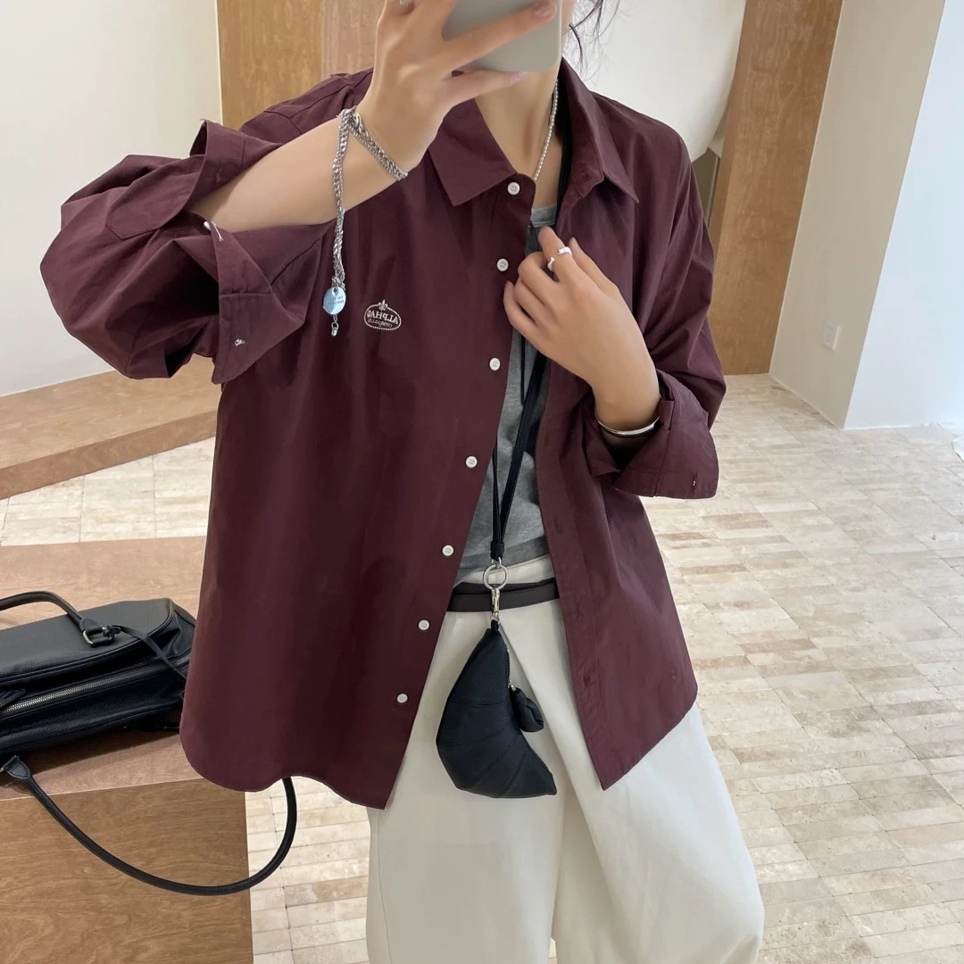 韩版新款时尚百搭刺绣小翻领长袖衬衫C98142