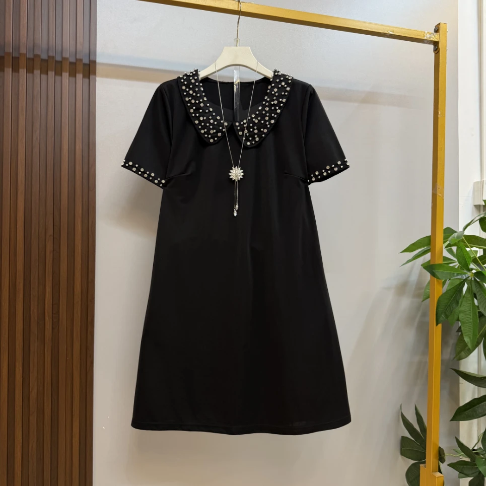 新款大码女装时尚洋气重工烫钻小娃娃领宽松显瘦连衣裙