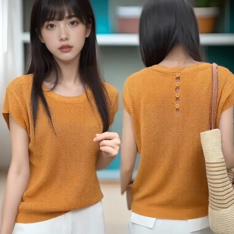 2025夏季新款欧货小众设计显瘦气质上衣冰丝后背镂空短袖针织衫女