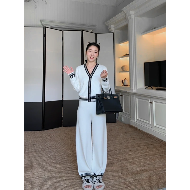 郭九九呢 气质v领撞色宽松显瘦针织衫简约束口针织裤 G925Z15143