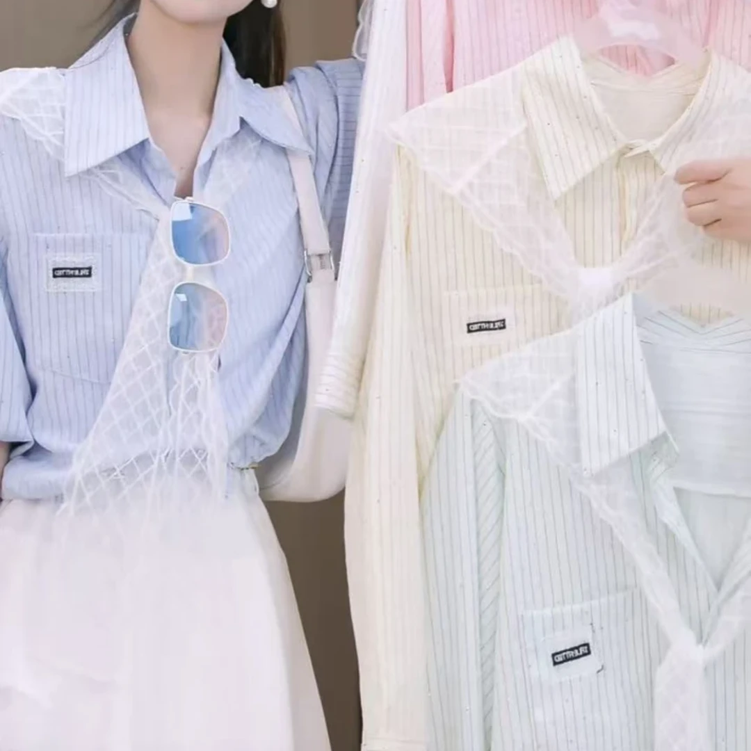 设计感气质百搭重工烫钻条纹衬衫女2025新款春季时尚翻领长袖衬衣