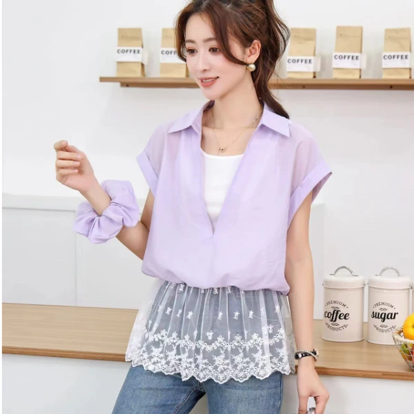 短袖可脱卸帽尖领宽松型雪纺衫短款衬衫洛丽塔老钱风