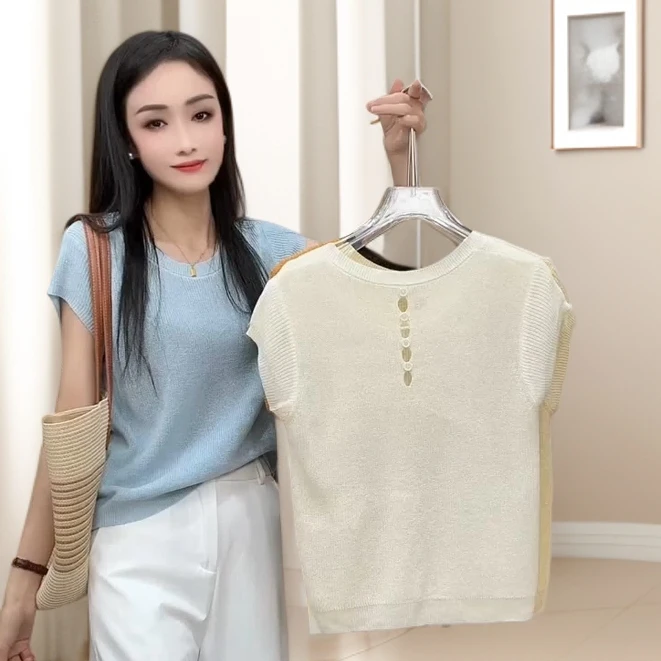 甜美温柔风短袖针织衫女2025夏季新款后背纽扣设计感毛衣女秋冬