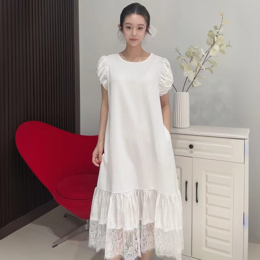 韩版花苞袖拼接蕾丝仙仙洋气显瘦夏季连衣裙25108