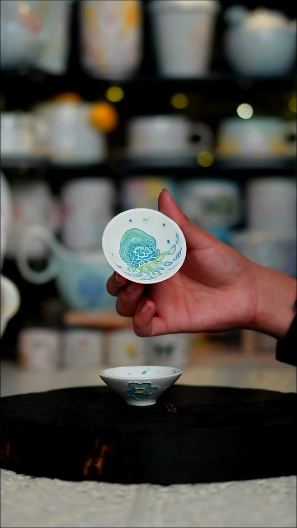 开播福利海洋立体釉斗笠杯一对
