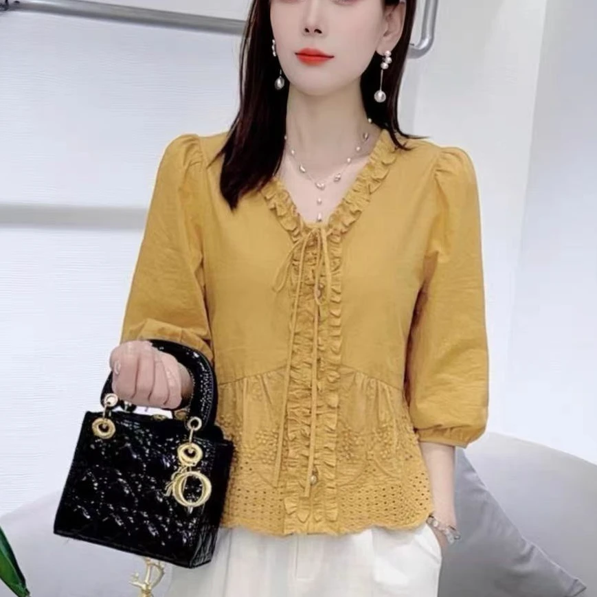 A法式休闲中袖衬衫女早秋新款洋气显瘦减龄宽松系带上衣