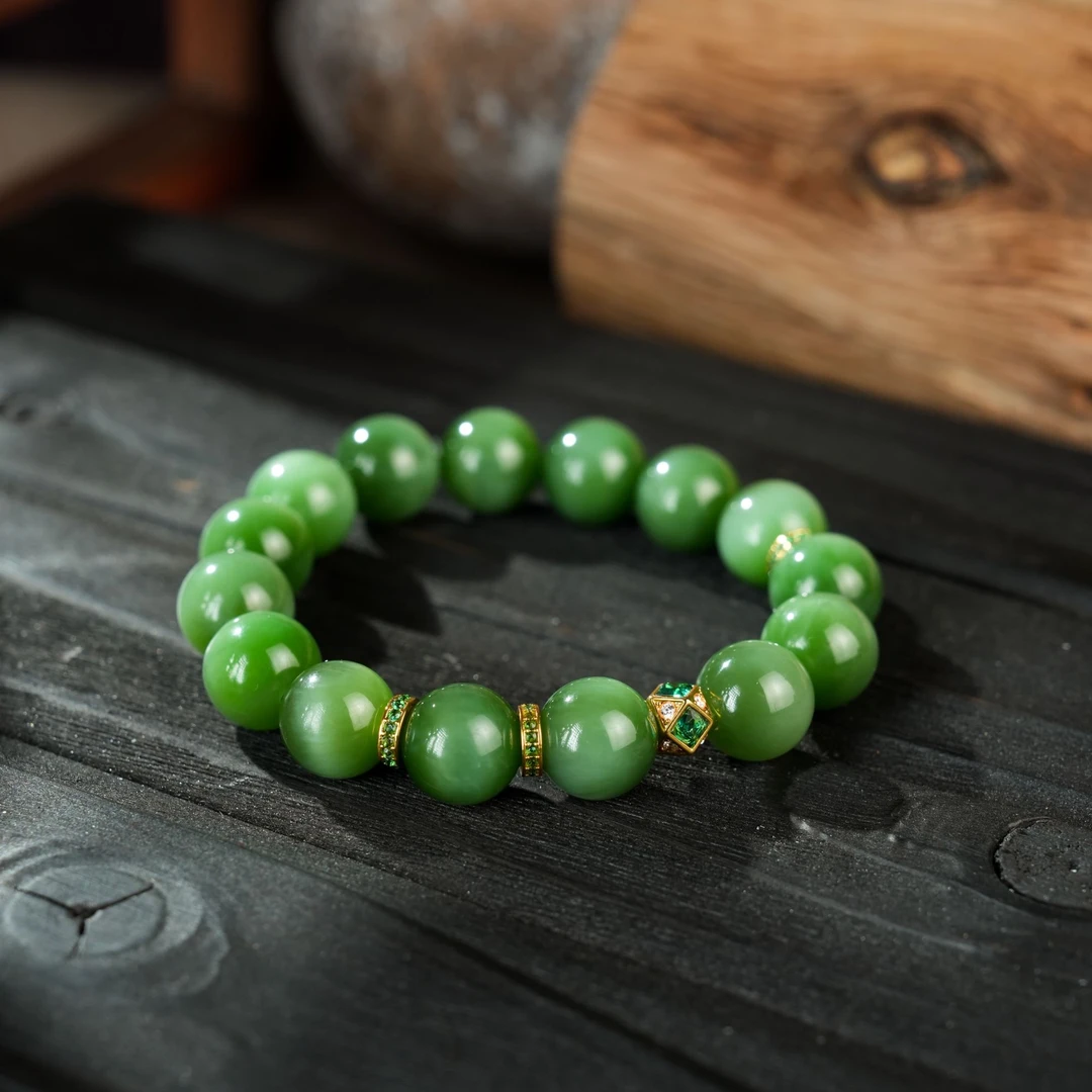 【壹芳珠宝*多】天然原矿和田玉碧玉粉青猫眼18k金镶手串12mm